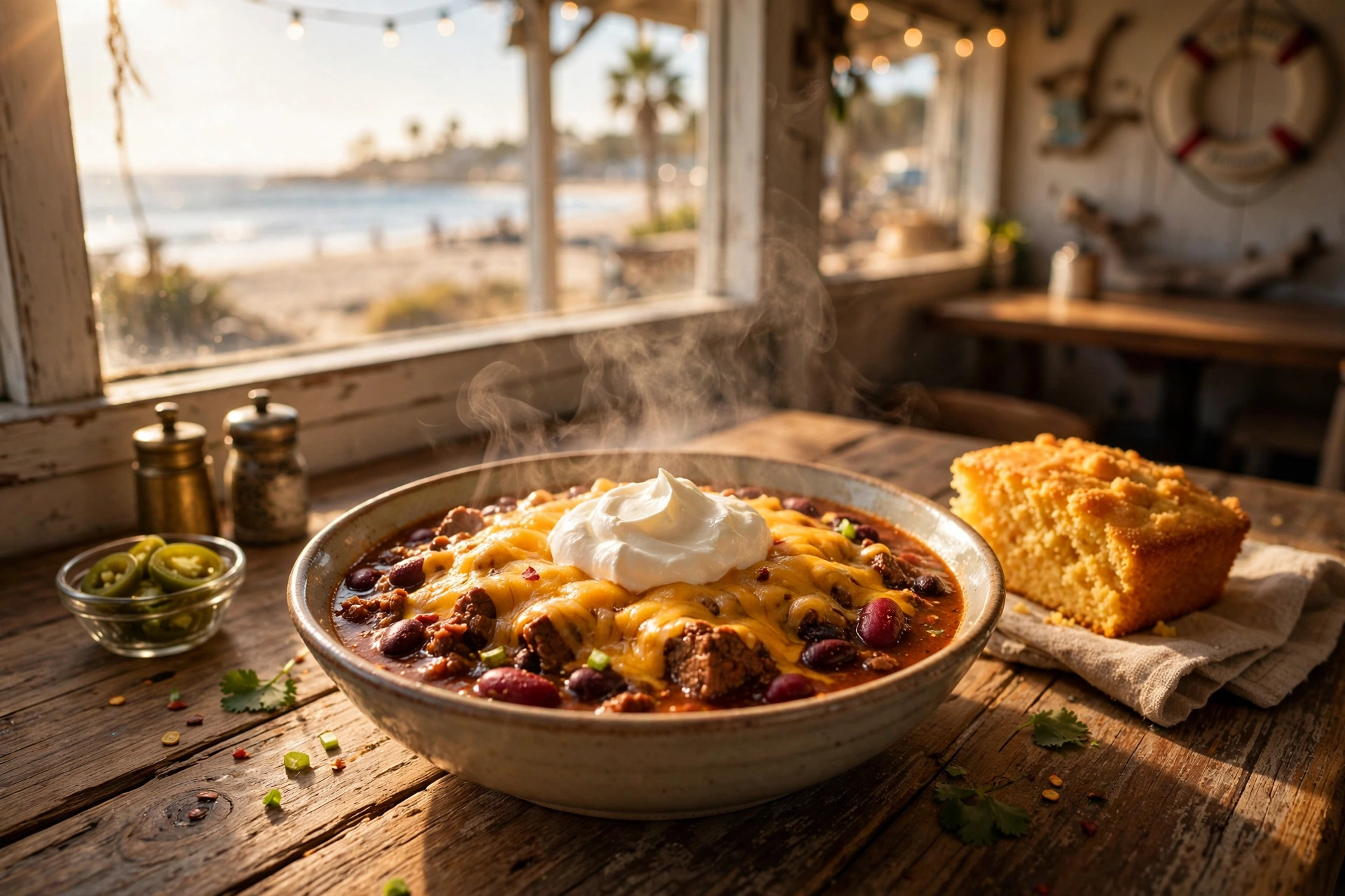 Bowl of chili topped with cheddar and sour cream, with cornbread
