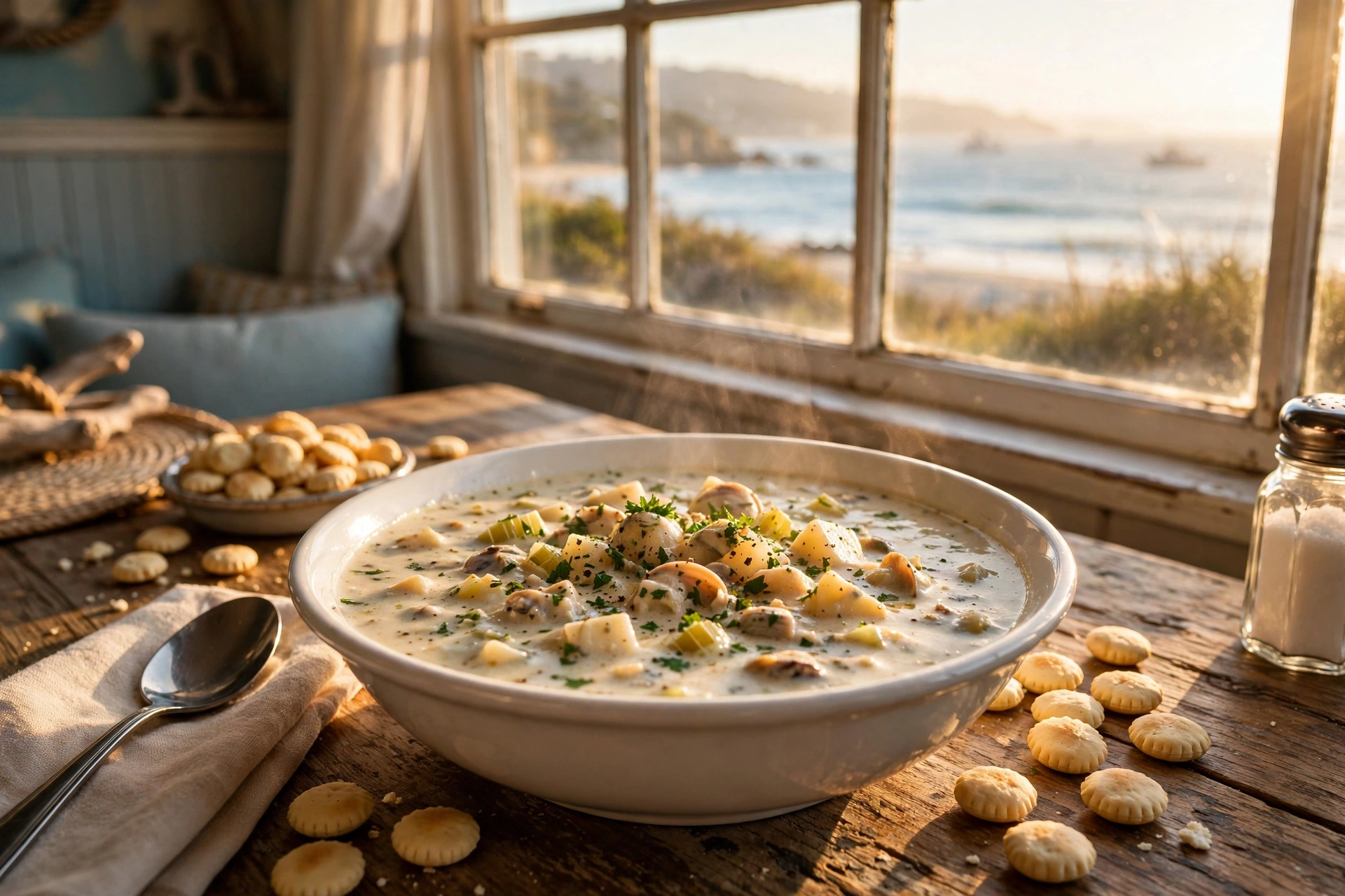 Clam chowder with oyster crackers by a window overlooking the ocean