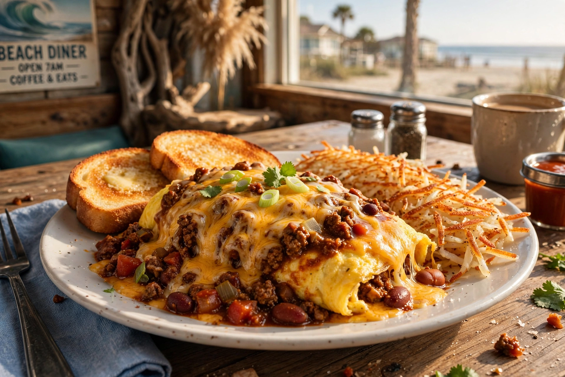 Chili cheese omelet with hash browns and toast